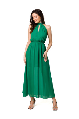 Sukienka szyfonowa maxi bez rękawów wiązana wokół szyi zielona K169