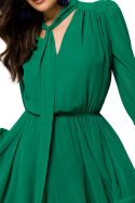 Sukienka szyfonowa mini kliny dekolt V długi rękaw zielona K168