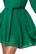 Sukienka szyfonowa mini kliny dekolt V długi rękaw zielona K168