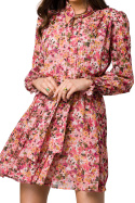 Sukienka szyfonowa mini dekolt V długi rękaw nadruk kwiaty m1 K167