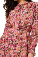 Sukienka szyfonowa mini dekolt V długi rękaw nadruk kwiaty m1 K167