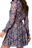 Sukienka szyfonowa mini dekolt V długi rękaw nadruk kwiaty m2 K167
