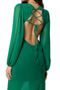 Sukienka szyfonowa maxi z odkrytymi plecami długi rękaw jasny zielony K166