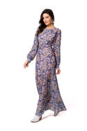 Sukienka szyfonowa maxi z odkrytymi plecami długi rękaw kwiaty m2 K165