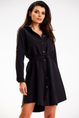 Sukienka koszulowa mini rozpinana pasek długi rękaw czarna A568