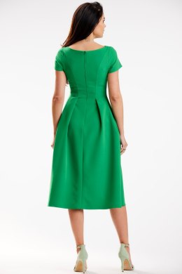 Sukienka midi rozkloszowana dopasowana góra krótki rękaw zielona A569