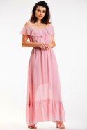 Sukienka maxi zwiewna szyfonowa dekolt hiszpański brudny róż A573