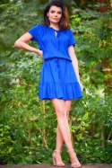 Sukienka mini letnia z wiskozy krótki rękaw wiązanie niebieska A575