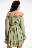 Sukienka mini hiszpanka luźna długi rękaw falbanka zielona A578