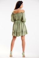 Sukienka mini hiszpanka luźna długi rękaw falbanka zielona A578