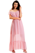 Sukienka maxi zwiewna szyfonowa dekolt hiszpański brudny róż A573