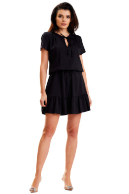 Sukienka mini letnia z wiskozy krótki rękaw wiązanie czarna A575