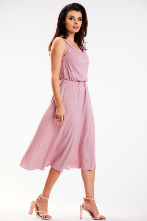 Sukienka elegancka midi bez rękawów ramiączka lejący dekolt brudny róż A579 Sukienka elegancka midi bez rękawów ramiączka lejący dekolt brudny róż A579