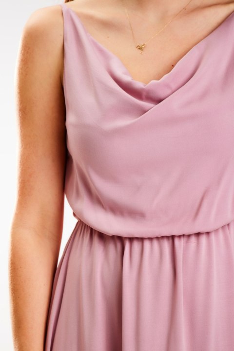 Sukienka elegancka midi bez rękawów ramiączka lejący dekolt brudny róż A579 Sukienka elegancka midi bez rękawów ramiączka lejący dekolt brudny róż A579