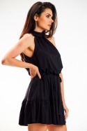 Sukienka luźna mini rozkloszowana bez rękawów stójka pasek czarna A580