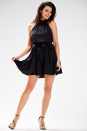 Sukienka luźna mini rozkloszowana bez rękawów stójka pasek czarna A580