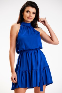 Sukienka luźna mini rozkloszowana bez rękawów stójka pasek niebieska A580