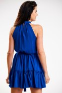 Sukienka luźna mini rozkloszowana bez rękawów stójka pasek niebieska A580