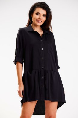 Sukienka koszulowa trapezowa mini rozpinana długi rękaw czarna A584