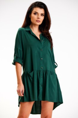 Sukienka koszulowa trapezowa mini rozpinana długi rękaw zielona A584