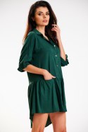 Sukienka koszulowa trapezowa mini rozpinana długi rękaw zielona A584