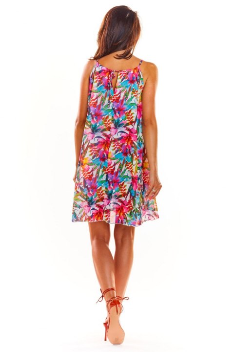 Sukienka letnia mini trapezowa na ramiączkach w kwiaty L/XL różowa A289 Sukienka letnia mini trapezowa na ramiączkach w kwiaty L/XL różowa A289