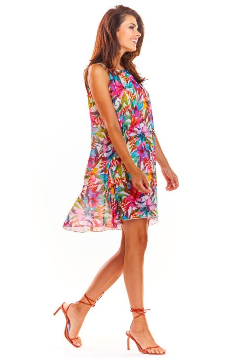 Sukienka letnia mini trapezowa na ramiączkach w kwiaty L/XL różowa A289 Sukienka letnia mini trapezowa na ramiączkach w kwiaty L/XL różowa A289