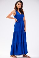Sukienka letnia maxi luźna bez rękawów z wiskozy dekolt V niebieska A581