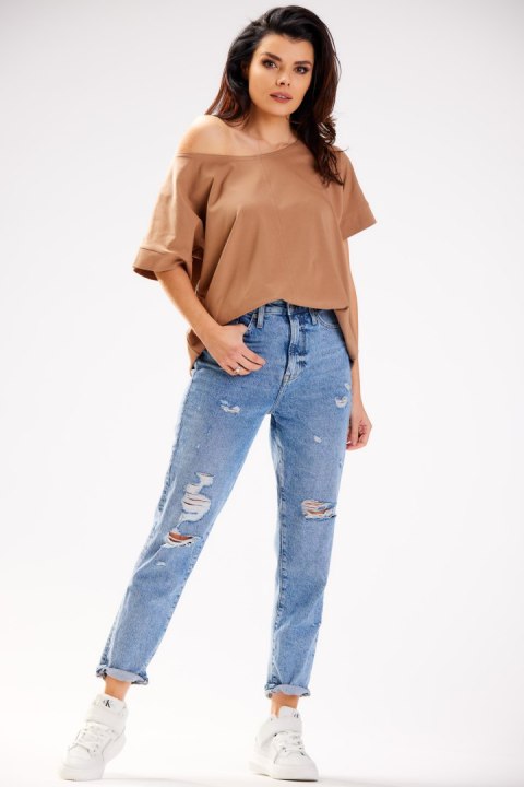 Bluzka damska luźna oversize krótki rękaw głęboki dekolt beżowa M254 Bluzka damska luźna oversize krótki rękaw głęboki dekolt beżowa M254