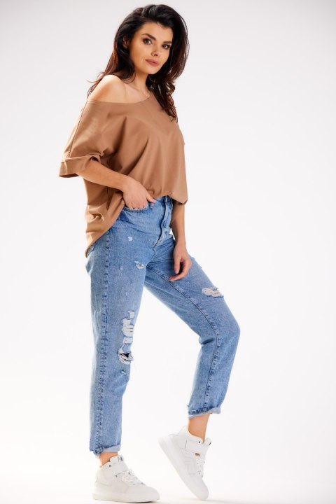 Bluzka damska luźna oversize krótki rękaw głęboki dekolt beżowa M254 Bluzka damska luźna oversize krótki rękaw głęboki dekolt beżowa M254