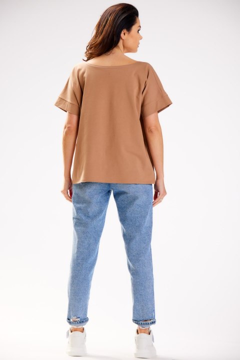 Bluzka damska luźna oversize krótki rękaw głęboki dekolt beżowa M254 Bluzka damska luźna oversize krótki rękaw głęboki dekolt beżowa M254