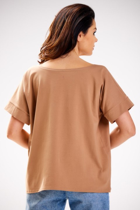 Bluzka damska luźna oversize krótki rękaw głęboki dekolt beżowa M254 Bluzka damska luźna oversize krótki rękaw głęboki dekolt beżowa M254