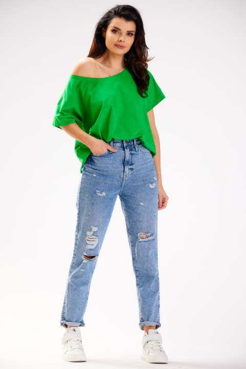 Bluzka damska luźna oversize krótki rękaw głęboki dekolt zielona M254 Bluzka damska luźna oversize krótki rękaw głęboki dekolt zielona M254