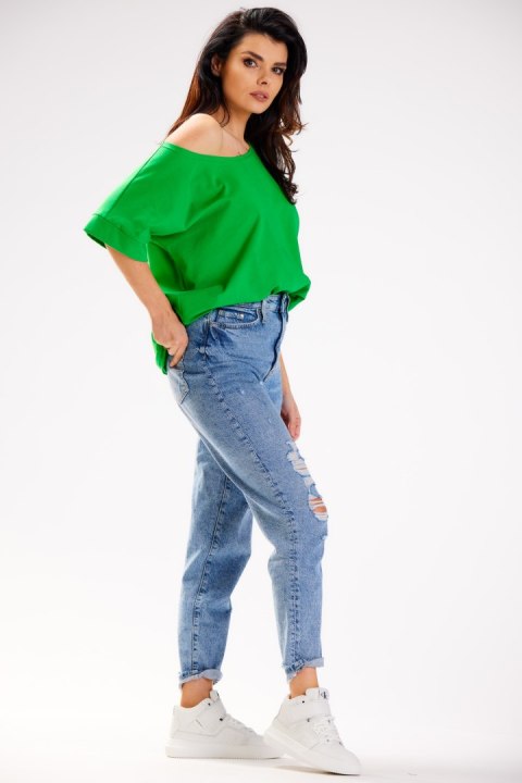 Bluzka damska luźna oversize krótki rękaw głęboki dekolt zielona M254 Bluzka damska luźna oversize krótki rękaw głęboki dekolt zielona M254