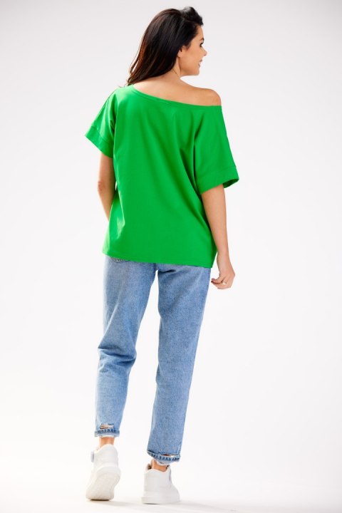 Bluzka damska luźna oversize krótki rękaw głęboki dekolt zielona M254 Bluzka damska luźna oversize krótki rękaw głęboki dekolt zielona M254