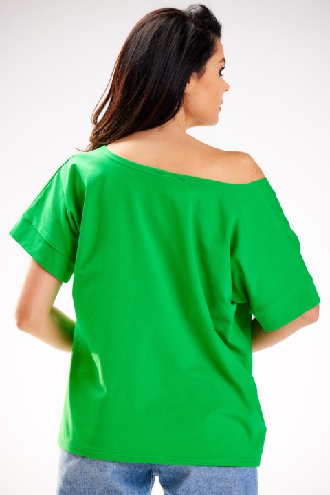 Bluzka damska luźna oversize krótki rękaw głęboki dekolt zielona M254 Bluzka damska luźna oversize krótki rękaw głęboki dekolt zielona M254