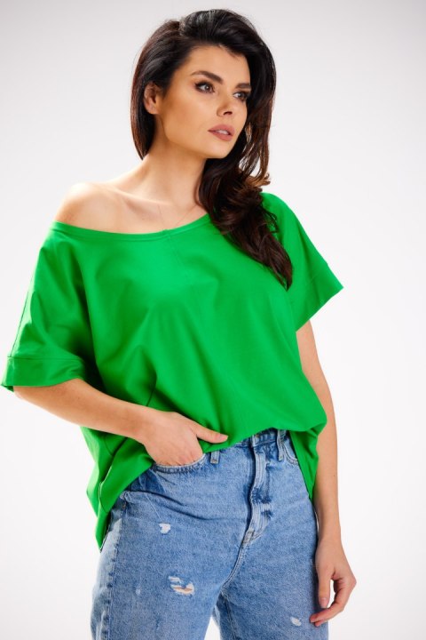 Bluzka damska luźna oversize krótki rękaw głęboki dekolt zielona M254 Bluzka damska luźna oversize krótki rękaw głęboki dekolt zielona M254