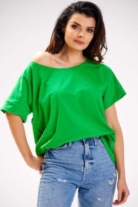 Bluzka damska luźna oversize krótki rękaw głęboki dekolt zielona M254 Bluzka damska luźna oversize krótki rękaw głęboki dekolt zielona M254