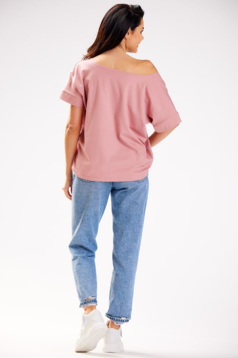Bluzka damska luźna oversize krótki rękaw głęboki dekolt różowa M254 Bluzka damska luźna oversize krótki rękaw głęboki dekolt różowa M254