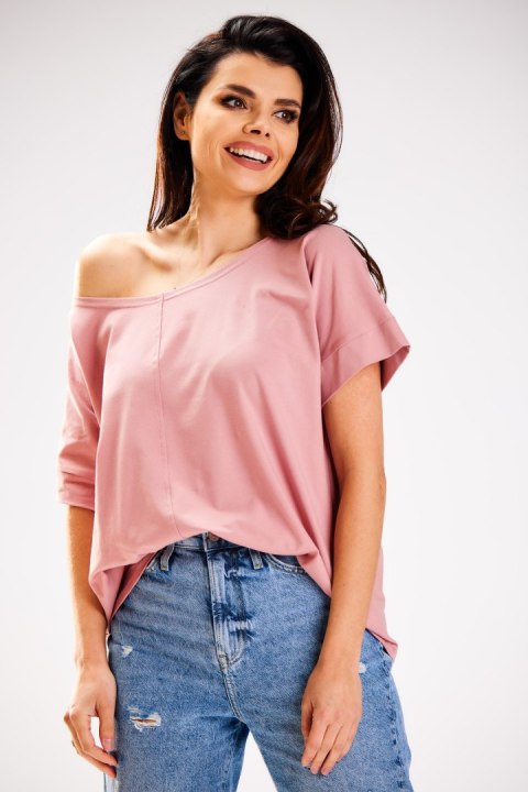 Bluzka damska luźna oversize krótki rękaw głęboki dekolt różowa M254 Bluzka damska luźna oversize krótki rękaw głęboki dekolt różowa M254