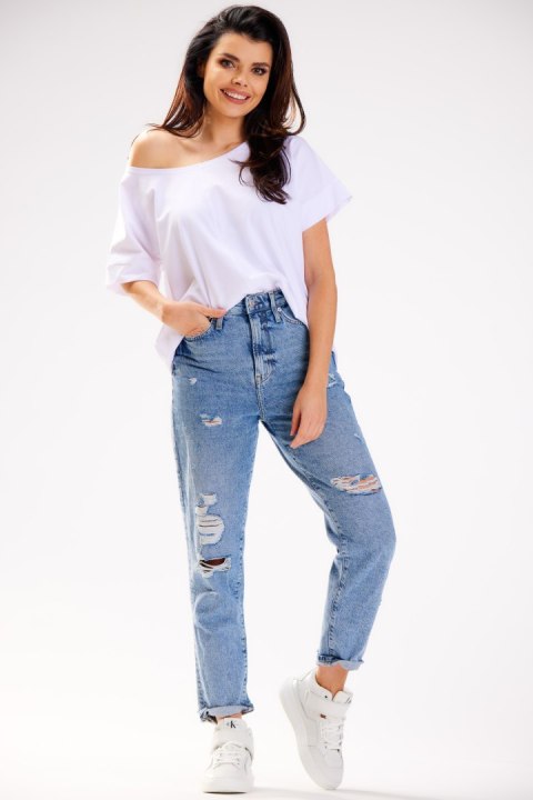 Bluzka damska luźna oversize krótki rękaw głęboki dekolt biała M254 Bluzka damska luźna oversize krótki rękaw głęboki dekolt biała M254