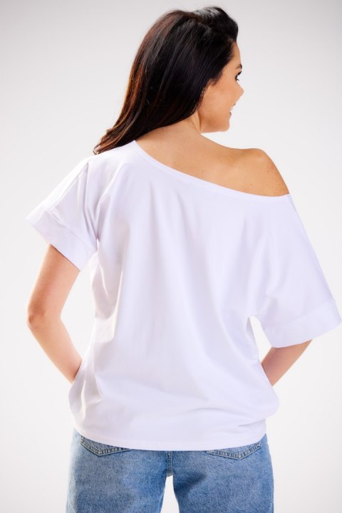 Bluzka damska luźna oversize krótki rękaw głęboki dekolt biała M254 Bluzka damska luźna oversize krótki rękaw głęboki dekolt biała M254
