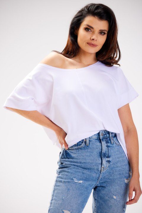 Bluzka damska luźna oversize krótki rękaw głęboki dekolt biała M254 Bluzka damska luźna oversize krótki rękaw głęboki dekolt biała M254