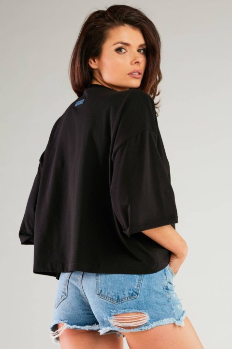 Bluzka damska luźna oversize bawełniana szeroki krótki rękaw czarna M265 Bluzka damska luźna oversize bawełniana szeroki krótki rękaw czarna M265