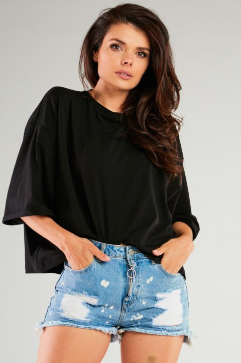 Bluzka damska luźna oversize bawełniana szeroki krótki rękaw czarna M265 Bluzka damska luźna oversize bawełniana szeroki krótki rękaw czarna M265