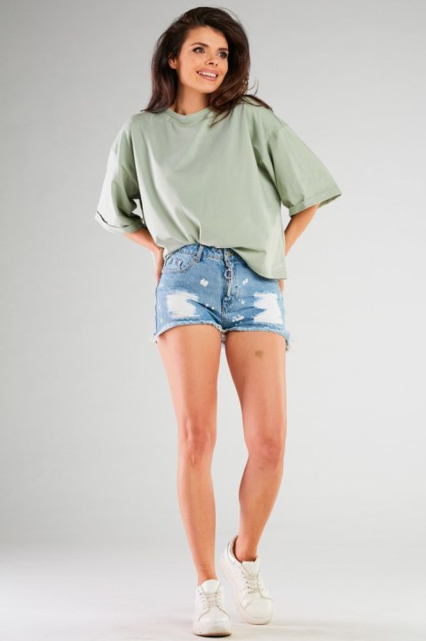 Bluzka damska luźna oversize bawełniana szeroki krótki rękaw miętowa M265 Bluzka damska luźna oversize bawełniana szeroki krótki rękaw miętowa M265