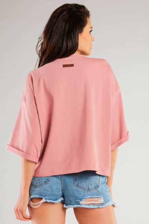 Bluzka damska luźna oversize bawełniana szeroki krótki rękaw różowa M265 Bluzka damska luźna oversize bawełniana szeroki krótki rękaw różowa M265