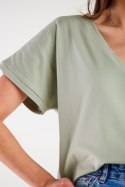 Bluzka damska bawełniana z krótkim rękawem dekolt głęboki V miętowa M267