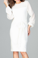 Elegancka sukienka midi z wiskozy z kokardą i długim rękawem XL ecru K494