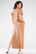 Sukienka maxi bawełniana wiązana w pasie krótki rękaw beżowa M253